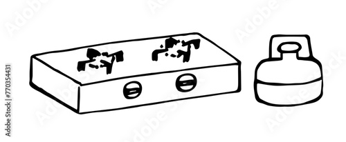 Simple black outline vector drawing. Gas stove, mini cylinder. Cooking, portable kitchen, camping. Sketch in ink.