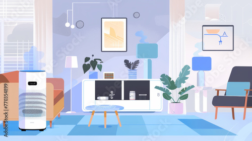 Contemporary living room adorned with artwork and plants, rendered in a blue color scheme,ai generated