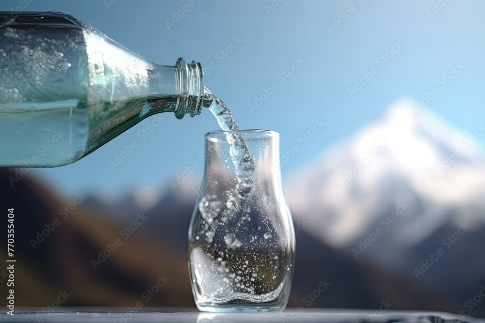 Sparkling Mineral Water Pouring into Glass with Mountain Backdrop - obrazy, fototapety, plakaty 