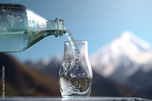 Sparkling Mineral Water Pouring into Glass with Mountain Backdrop