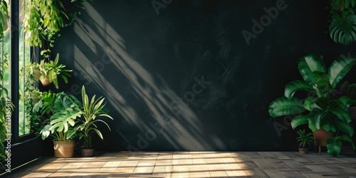 black wall empty room with plants backgroun