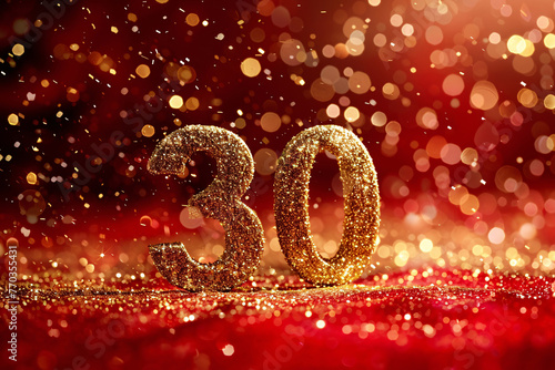 30th anniversary with 3d digital scene illustration on red background