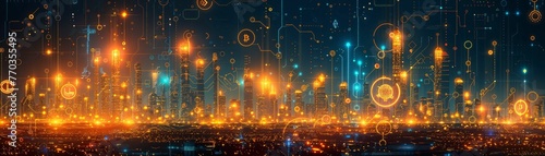 A digital landscape illustrating the mining and circulation of cryptocurrencies, with a focus on energy and innovation photo