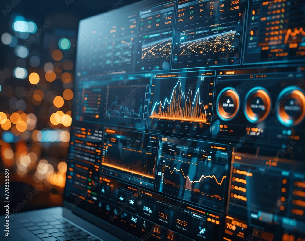 A sophisticated budgeting command center, with screens displaying financial management tools and data analytics A sophisticated budgeting command center, with screens displaying financial management tools and data analytics