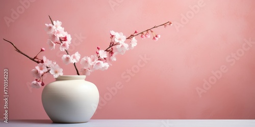 Cherry blossom flowers in a clay pot  pastel background 