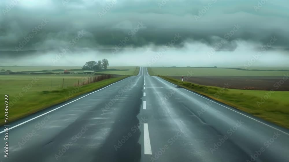 A neverending stretch of asphalt disappears into the misty grey clouds above giving the illusion of a road to the sky. Green fields . AI generation. A neverending stretch of asphalt disappears into the misty grey clouds above giving the illusion of a road to the sky. Green fields . AI generation.