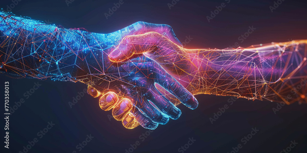 An abstract handshake, glowing lines connecting hands, symbolizing digital partnership and connectivity. - obrazy, fototapety, plakaty 