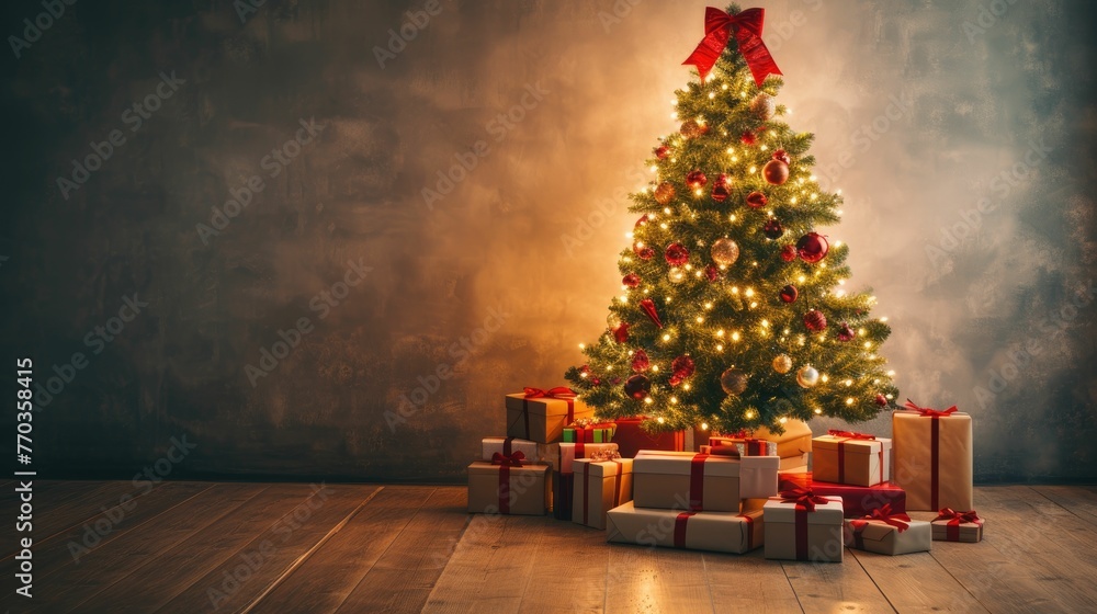 Christmas tree decorated with just lights in minimal style and many different presents on wooden floor