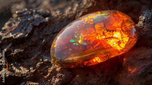 Close-up of a vibrant polished opal on a rough rocky surface, showcasing the fiery play of colors within the seductive gemstone photo