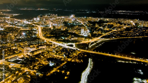 Ufa, Russia. Belsky bridge. Panorama of the city center. Night city lights, Aerial View photo
