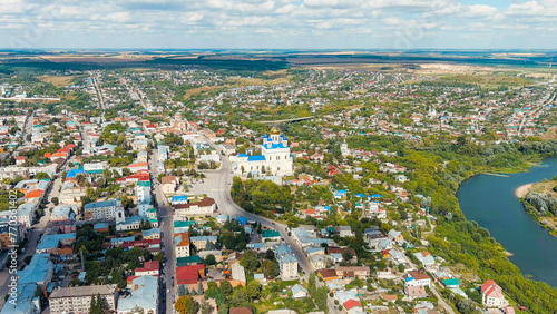 Yelets, Lipetsk region, Russia. Cathedral of the Ascension. Sosna river. Historic city center, Aerial View