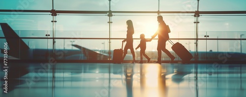 Wide-Format with Free Space: Golden Hour Travels - A Family’s Airport Silhouette photo