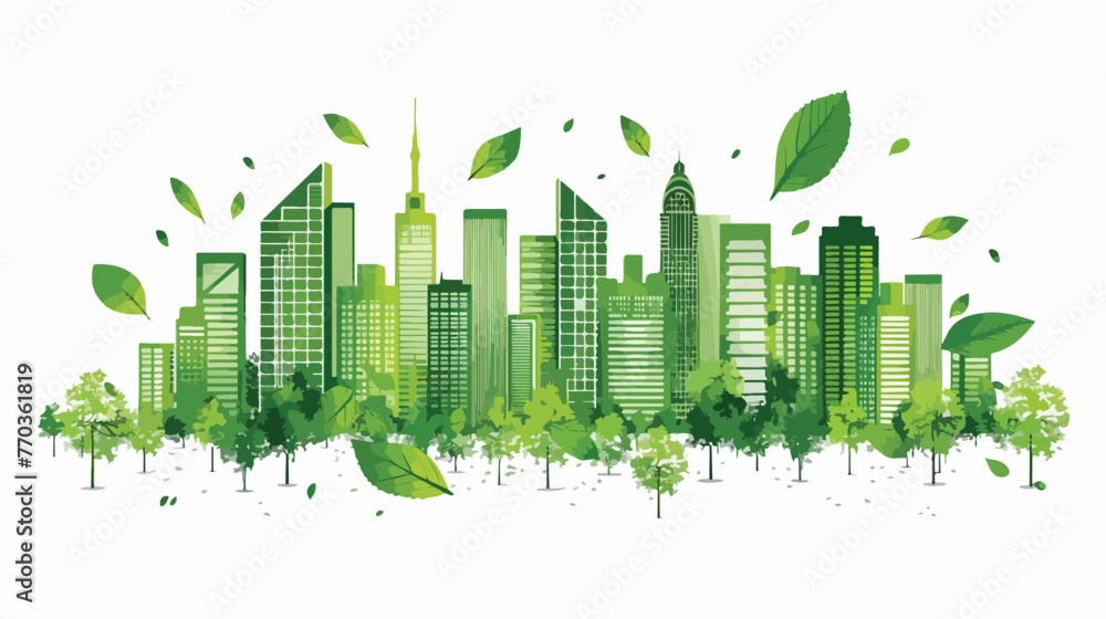 green city buildings and leafs flat vector