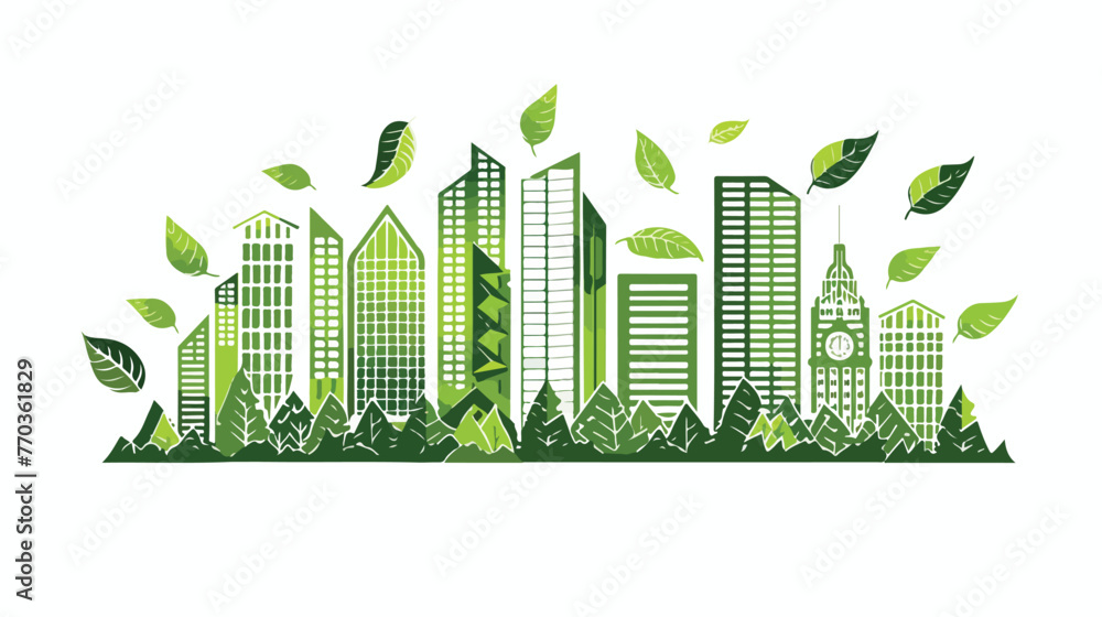 green city buildings and leafs flat vector