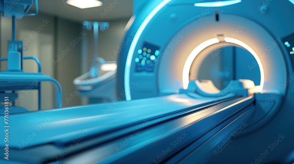 A modern and empty MRI machine in a blue-lit medical room. A modern and empty MRI machine in a blue-lit medical room.