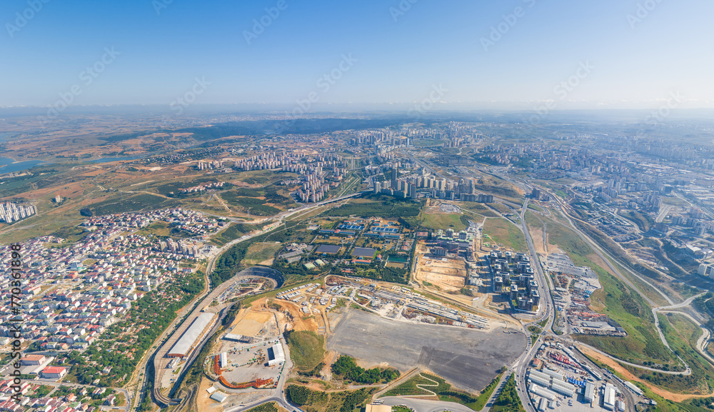 Istanbul, Turkey. Summer panorama of the city from the air on a sunny day. Dormitory and industrial areas of the city. District of Ikitelli. Aerial View