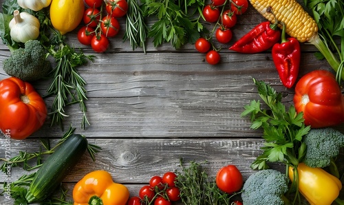 Frame of local vegetables on gray wooden plank background. Agriculture, farming and organic food concept. Top view for sign design, poster, banner with copy space