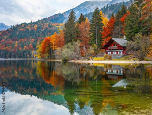 A vibrant scene of an alpine house by a clear lake surrounded by trees in full fall foliage reflecting on water