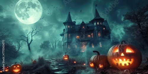 halloween scene horror background, creepy pumpkins of spooky halloween haunted and mansion Evil houseat night with full moon 