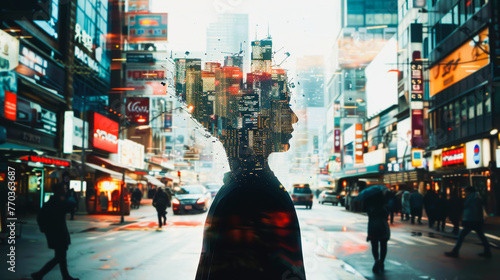 A person walking through a busy city street, but their head is replaced by an intricate model of a bustling cityscape, representing the complexity of thoughts influenced by urban life