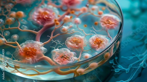 Petri dish center, organoid structures, cancer study, morning light cast, high clarity