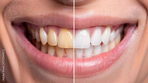 Woman, prewhitening teeth, muted colors, straight angle, white space Bright white teeth after, vivid contrast