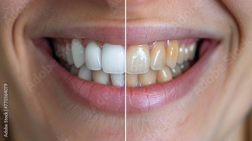 Womans dental state before whitening, soft glow, straight view, white After, stark whiteness, high resolution