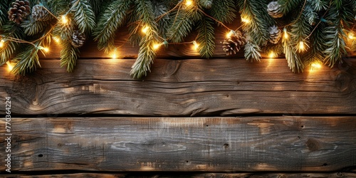 Horizontally seamless Christmas decoration of fir branches with christmast lights on rustic wooden planks. Space for product display photo
