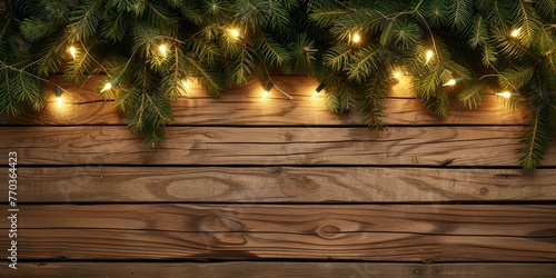 Horizontally seamless Christmas decoration of fir branches with christmast lights on rustic wooden planks. Space for product display photo