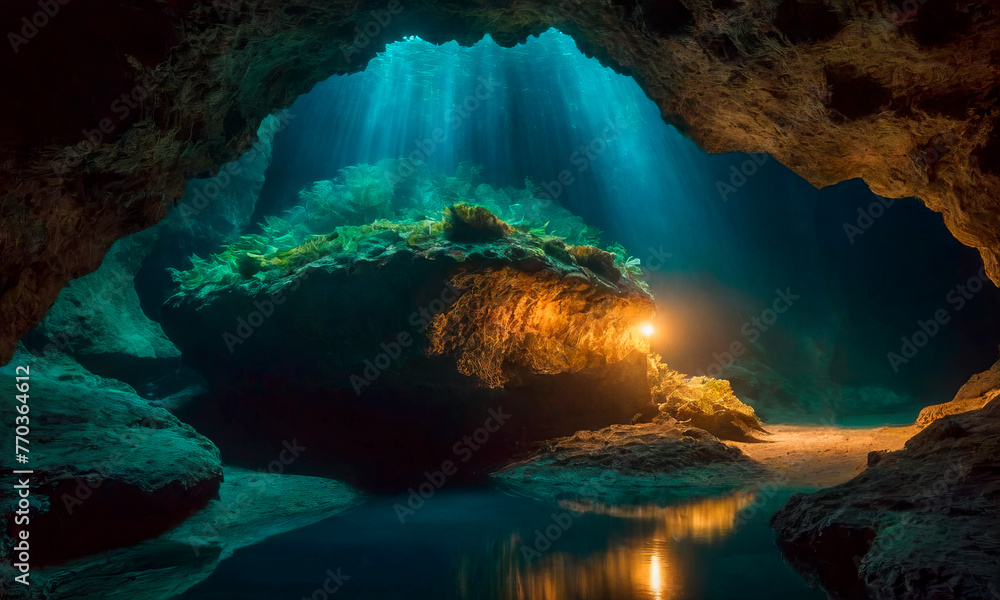 The sun's rays penetrate inside a beautiful fairy-tale cave.