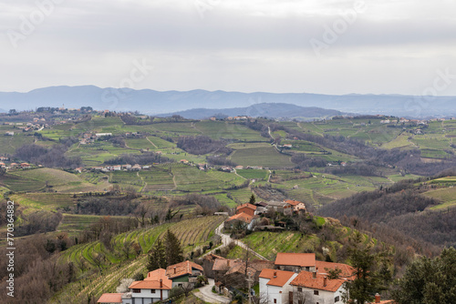 Panoramic view of the Collio hills, Cormons, between Gorizia and Nova Gorica. European Capital of Culture 2025. Typical local products vineyards and wines. Gonjače Tower places to visit and tradition