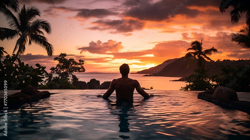 couple on the beach at sunset. Young man in an infinity pool during sunset, sunset time at sea. Vacation. Exotic. Ocean. Beautiful picture
