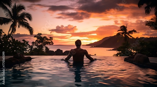 couple on the beach at sunset. Young man in an infinity pool during sunset, sunset time at sea. Vacation. Exotic. Ocean. Beautiful picture © Soul