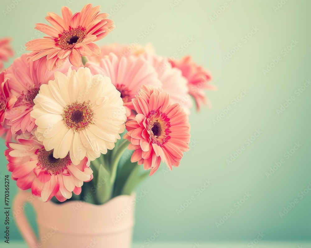 Charming bouquet of pink gerbera daisies placed in a pale pink vase on a muted background
