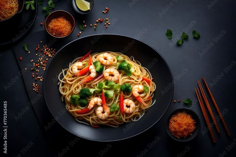 Stir fry noodles with vegetables and shrimp in black bowl Stir fry noodles with vegetables and shrimp in black bowl