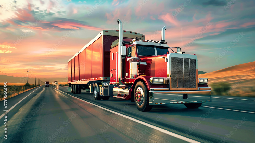 A red semi truck with a cargo semi-trailer is driving down a highway