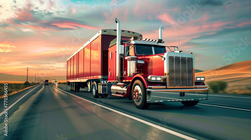 A red semi truck with a cargo semi-trailer is driving down a highway