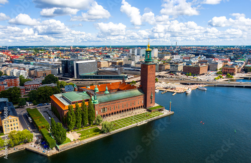 Stockholm, Sweden. Stockholm City Hall. Panorama of the city in summer in cloudy weather. Aerial view