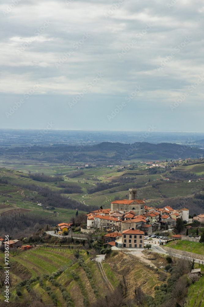 Panoramic view of the Collio hills, Cormons, between Gorizia and Nova Gorica. European Capital of Culture 2025. Typical local products vineyards and wines. Gonjače Tower places to visit and tradition