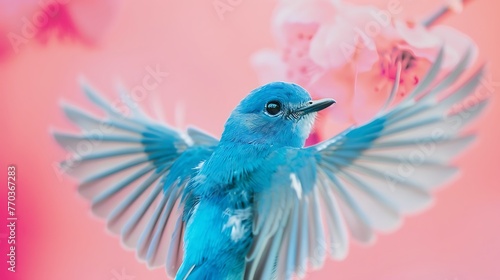 a blue bird with its wings fanned out before a pink background