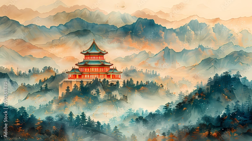 Obraz premium Turquoise mountains golden lines ancient landscape illustration abstract background decorative painting
