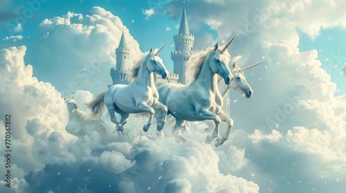 A pair of majestic unicorns in flight near an ethereal castle floating above cumulus clouds under a blue sky.
