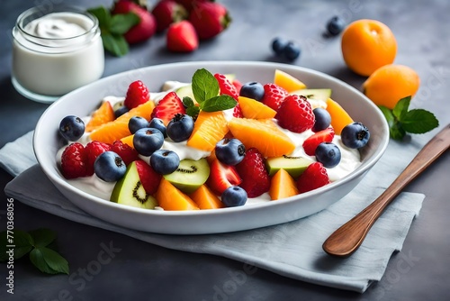 Delicious fruit salad with yogurt on the light table