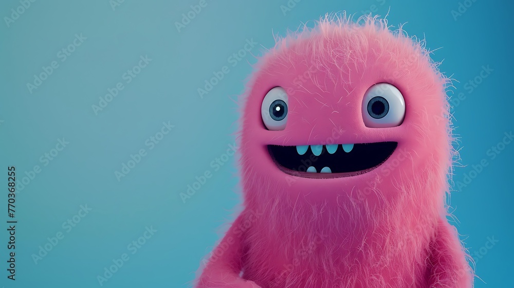 Fototapeta premium a charming adorable pink creature is grinning against a blue background