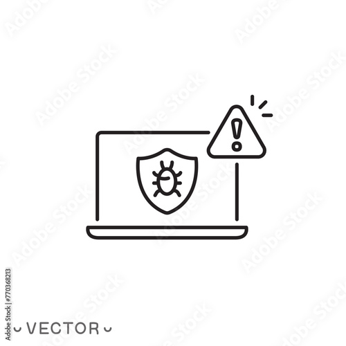 security for cyber attack icon, spyware, warning malware, virus on pc, hacker phishing, shield for hazard spyware, thin line symbol isolated on white background, eps 10 vector illustration