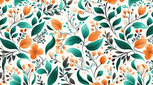 hand drawn stylized floral pattern seamless modern seamless floral paper  in the style of bright backgrounds  orange and emerald  dark white and pink  leaf patterns