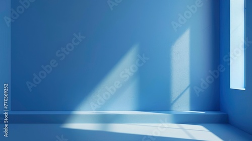 Abstract blue studio background for product presentation. Backdrop with shadows of window for display product - generative ai