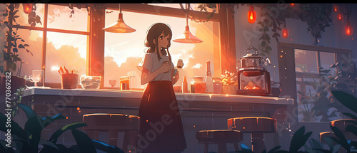 anime girl standing in front of a window with a candle