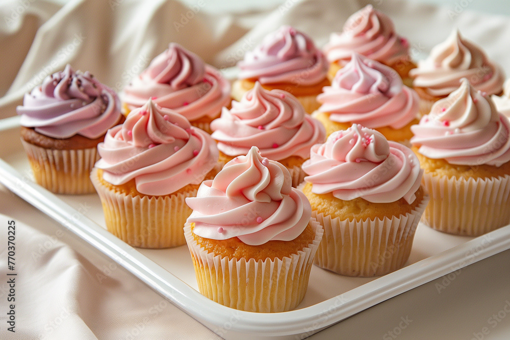 A vibrant assortment of cupcakes with colorful frosting fills a tray