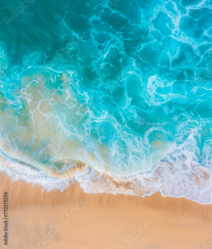 Aerial top view on nature landscape view of beautiful tropical clean sandy beach and soft blue ocean.